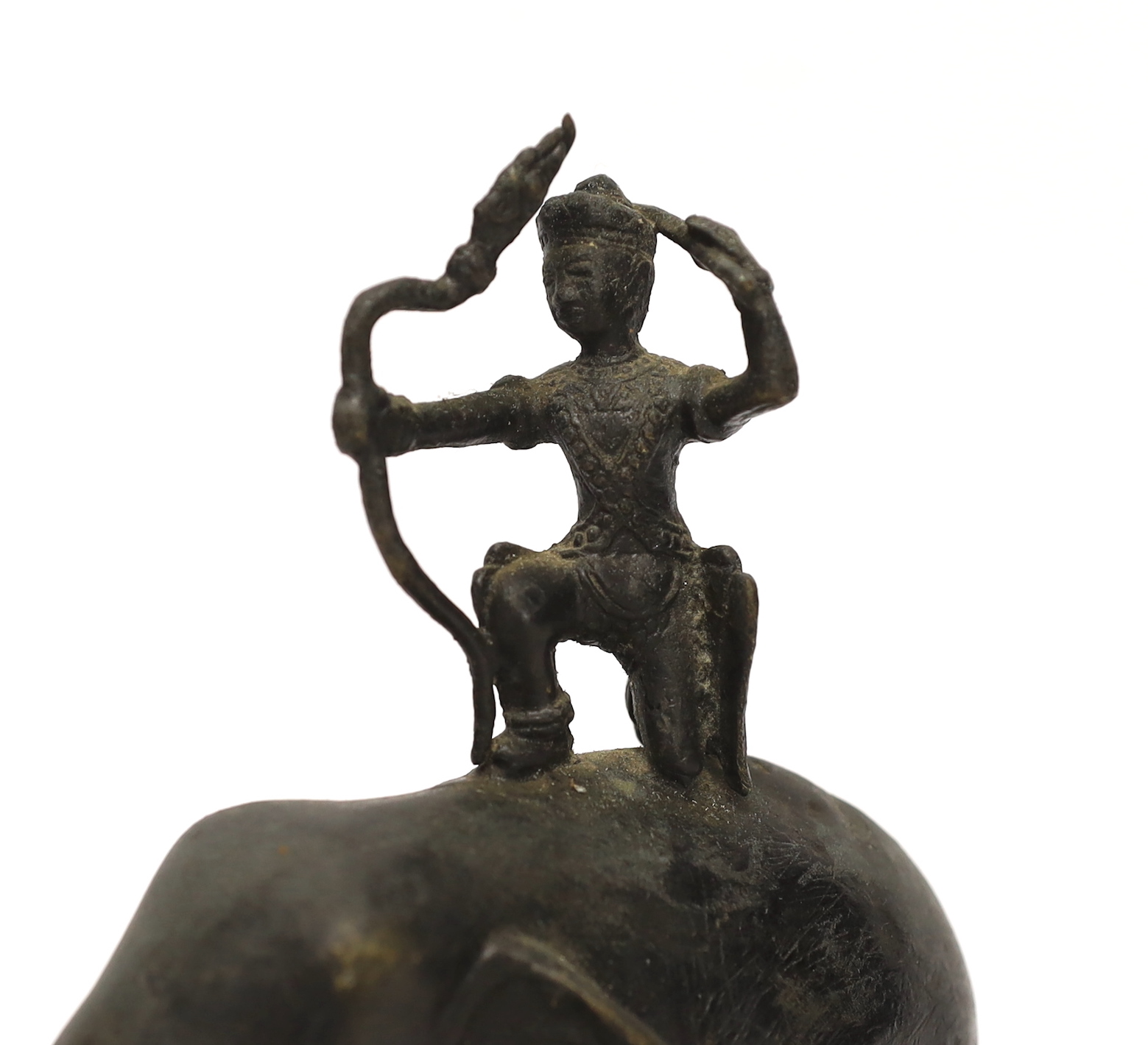 An Indian bronze elephant with mounted archer, 16cm high